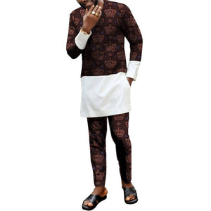 African men's print set clothing patchwork shirt with trouser Ankara pant sets customized wedding dashiki print/white tops