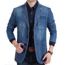 Load image into Gallery viewer, Plus Size M-4XL 2019 Autumn Winter Jeans Blazer Men&#39;s Cotton Denim Smart Casual Men Suits Jackets Slim Fit Male Coats Clothing
