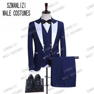 JELTONEWIN 2020 White Floral Royal Blue Rim Stage Clothing For Men Suit 3 Pieces Mens Wedding Suits Costume Groom Tuxedo Formal