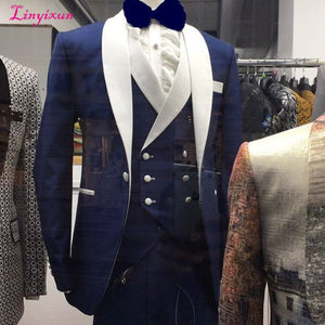 JELTONEWIN 2020 White Floral Royal Blue Rim Stage Clothing For Men Suit 3 Pieces Mens Wedding Suits Costume Groom Tuxedo Formal