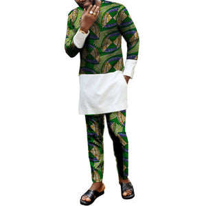 African men's print set clothing patchwork shirt with trouser Ankara pant sets customized wedding dashiki print/white tops