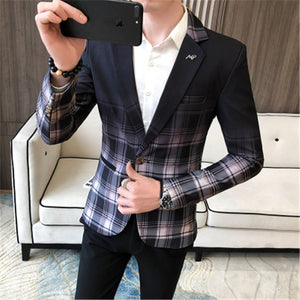 Men Blazer Homme Casual Suit Coat Slim Fit British Plaid Blazer for Men Designer Jacket Prom Dresses 2020 Spring Man Clothing